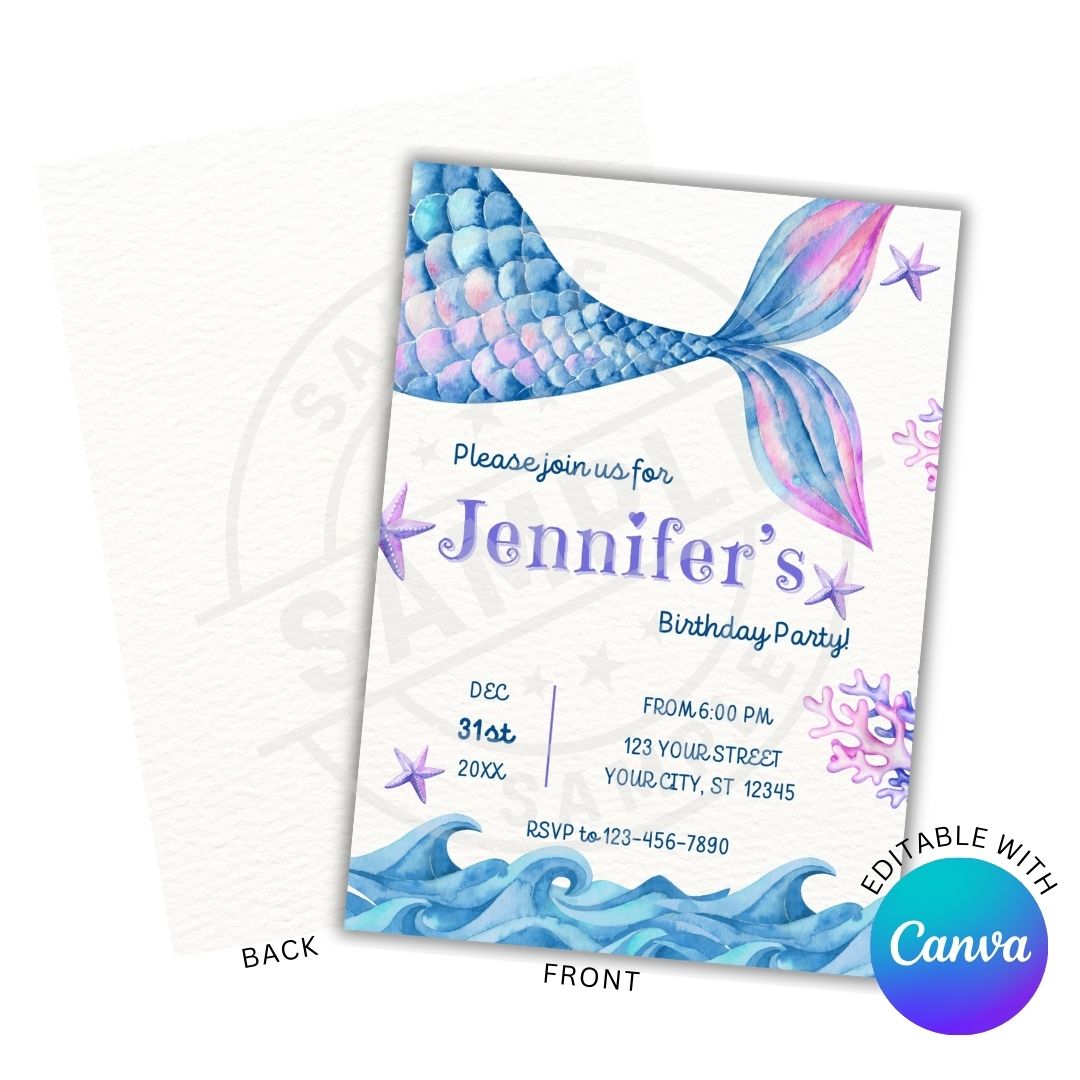 Mermaid-themed birthday party invitation with blue and pink mermaid tail design on a white background.