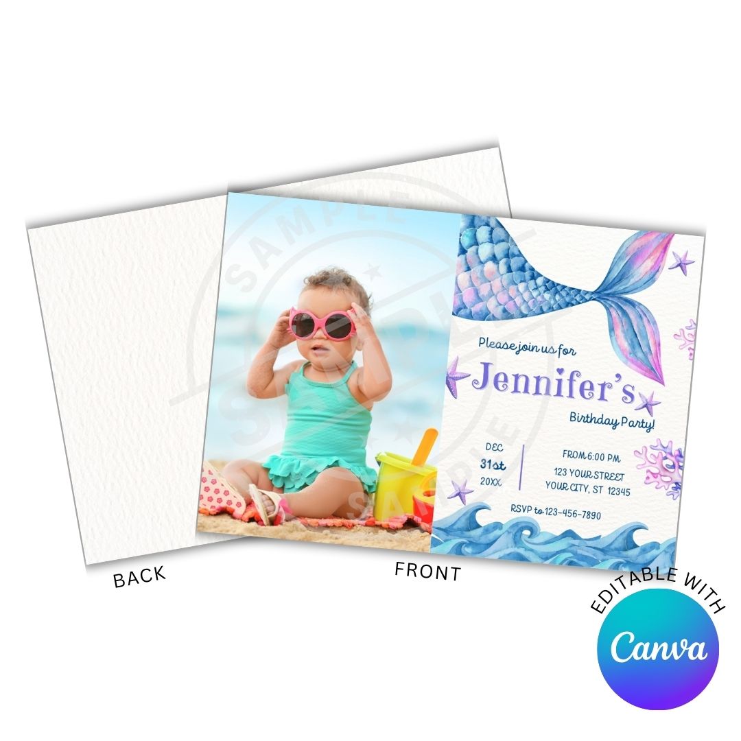 Birthday party invitation with a mermaid theme featuring a child on the beach.