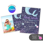 Mermaid-themed birthday invitation with a child on the beach and Canva logo.