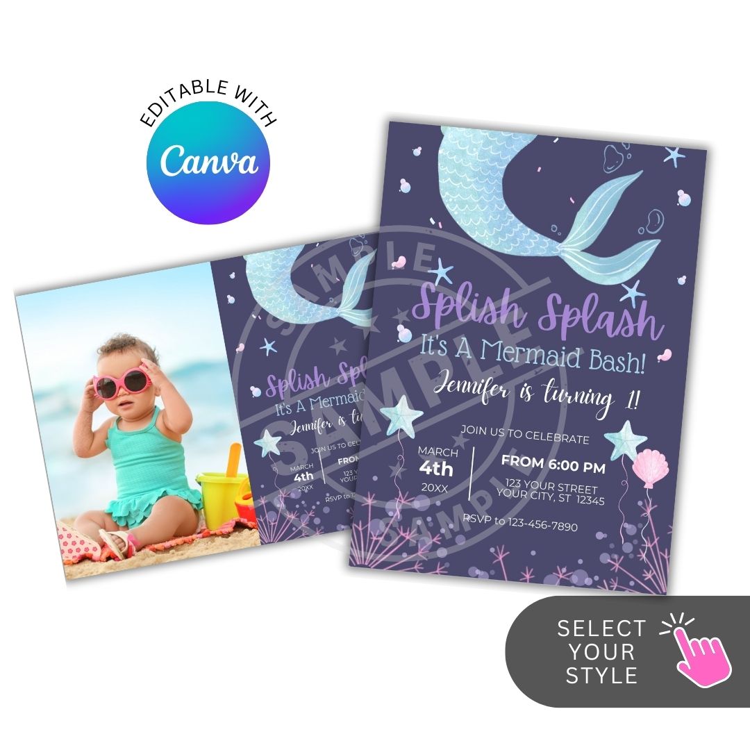 Mermaid-themed birthday invitation with a child on the beach and Canva logo.