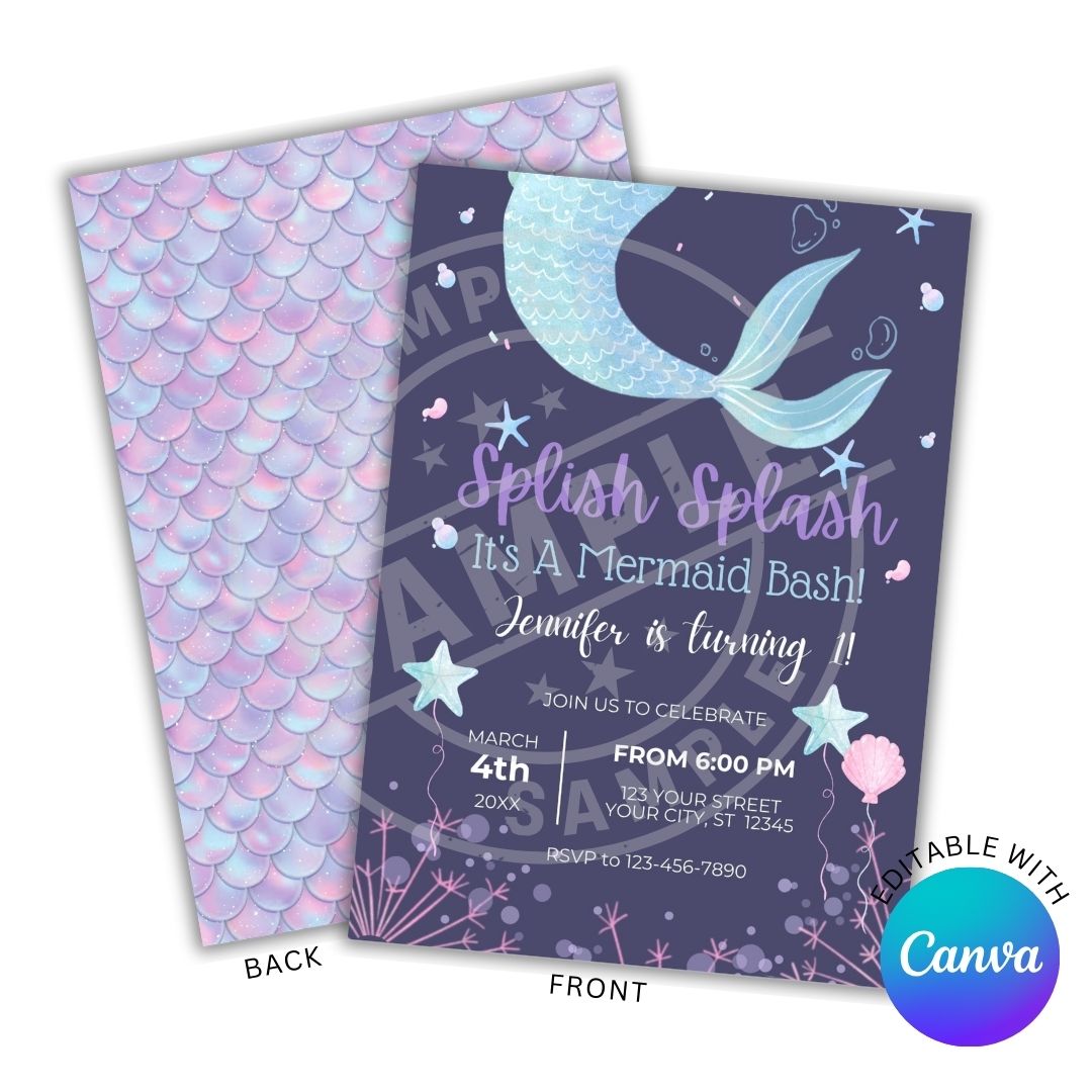 Mermaid-themed birthday invitation with mermaid tail design on a purple background