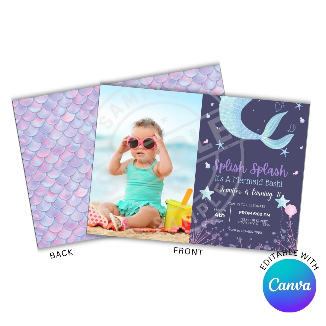 Mermaid-themed birthday invitation with a photo of a child on a beach, featuring Canva branding.