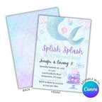 Mermaid-themed birthday party invitation with mermaid tail design on a white background