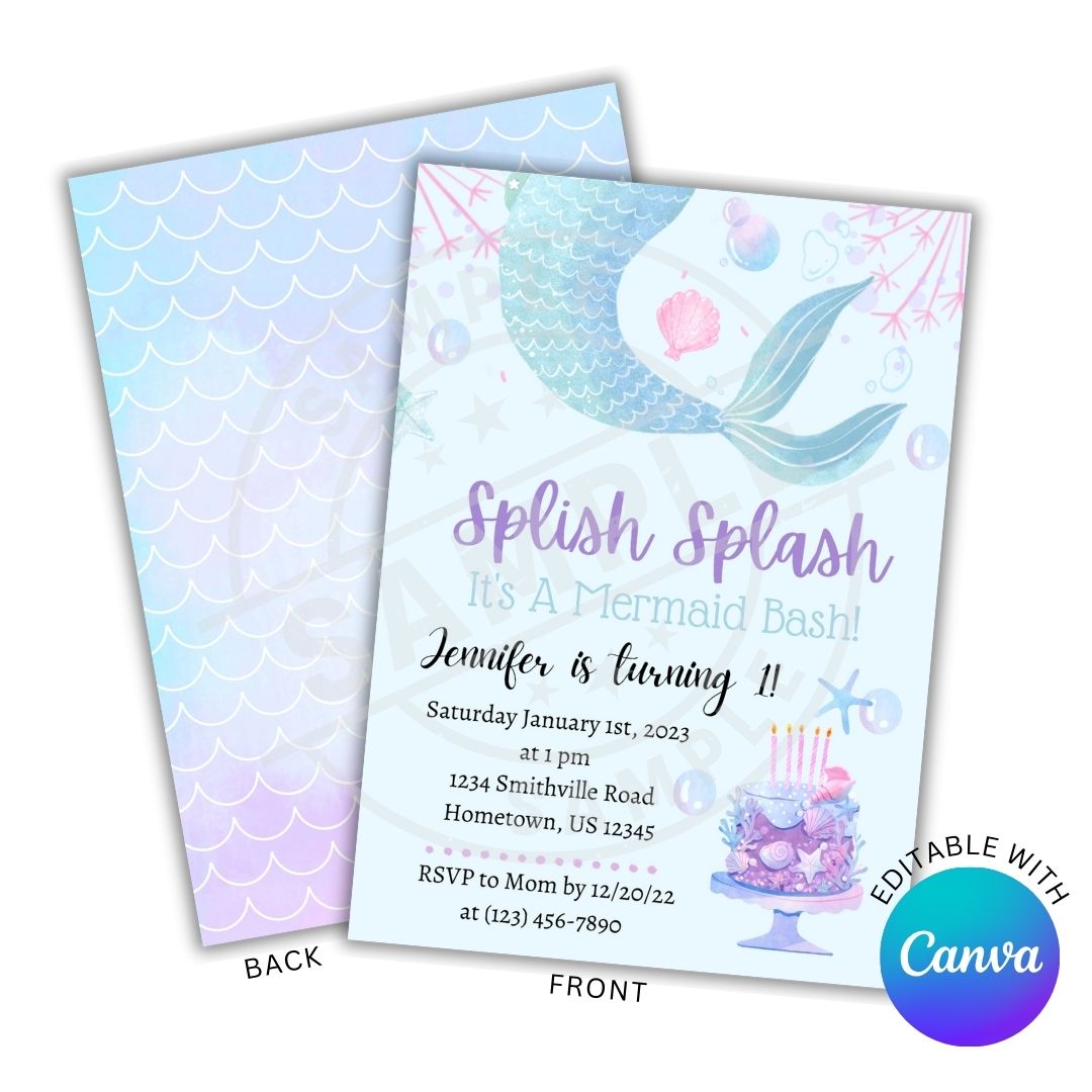 Mermaid-themed birthday party invitation with mermaid tail design on a white background