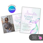Two birthday invitations with a child's photo and mermaid design, featuring Canva branding.