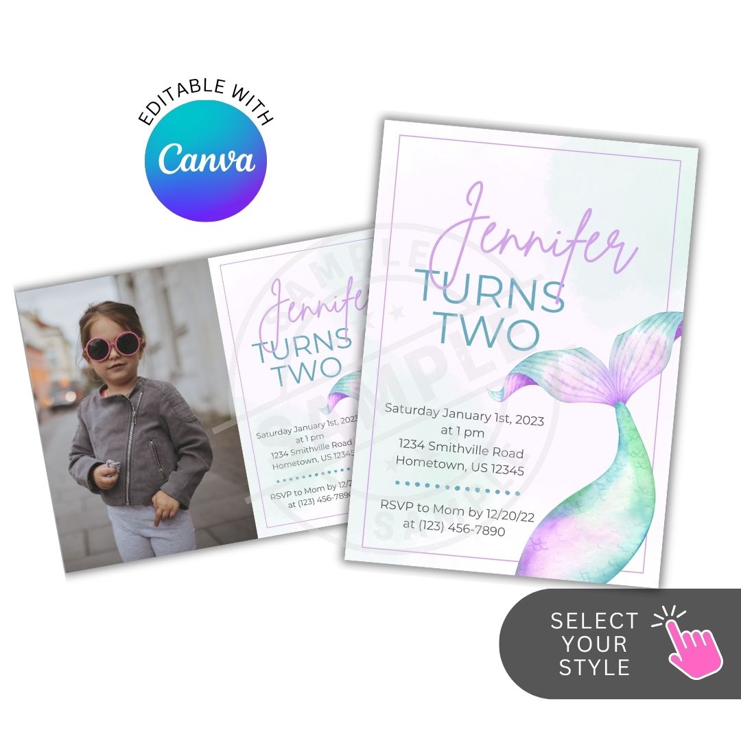 Two birthday invitations with a child's photo and mermaid design, featuring Canva branding.