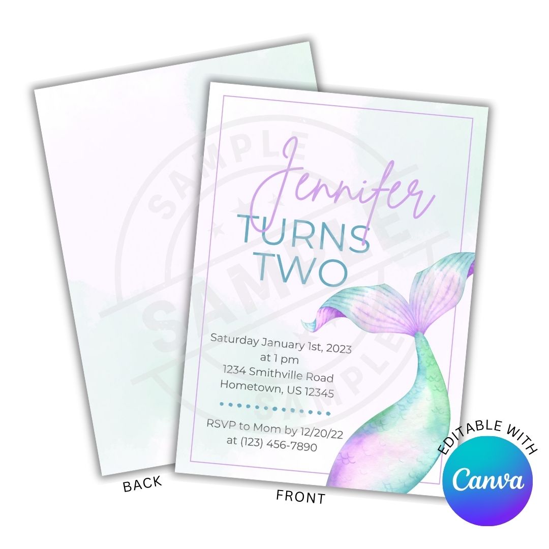 Two birthday invitations with a mermaid theme, one showing the front and the other the back.