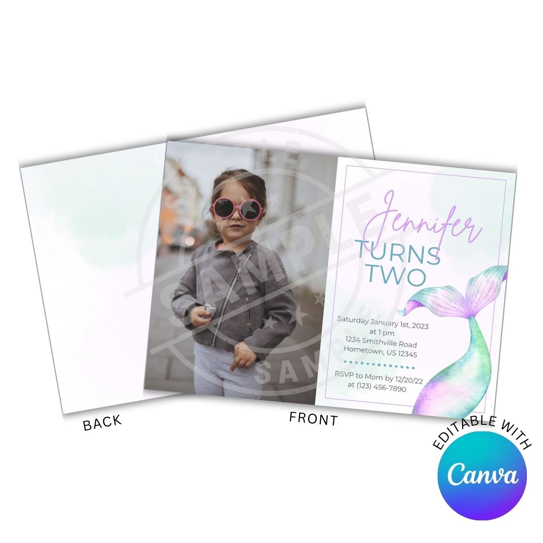 Two sides of a birthday invitation card with a child and mermaid design, featuring Canva branding.
