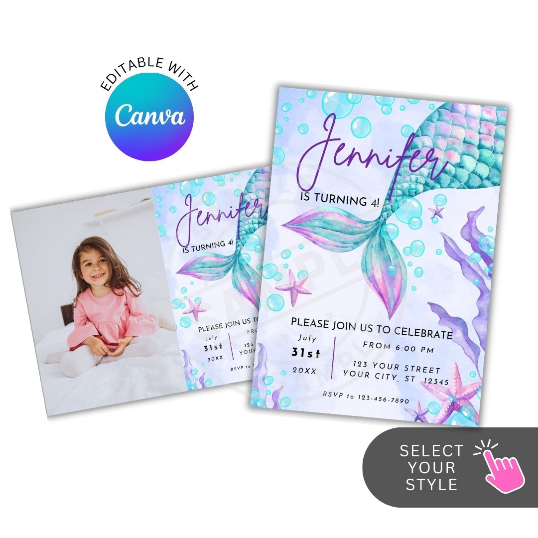 Mermaid-themed birthday invitation with editable text overlay on a white background