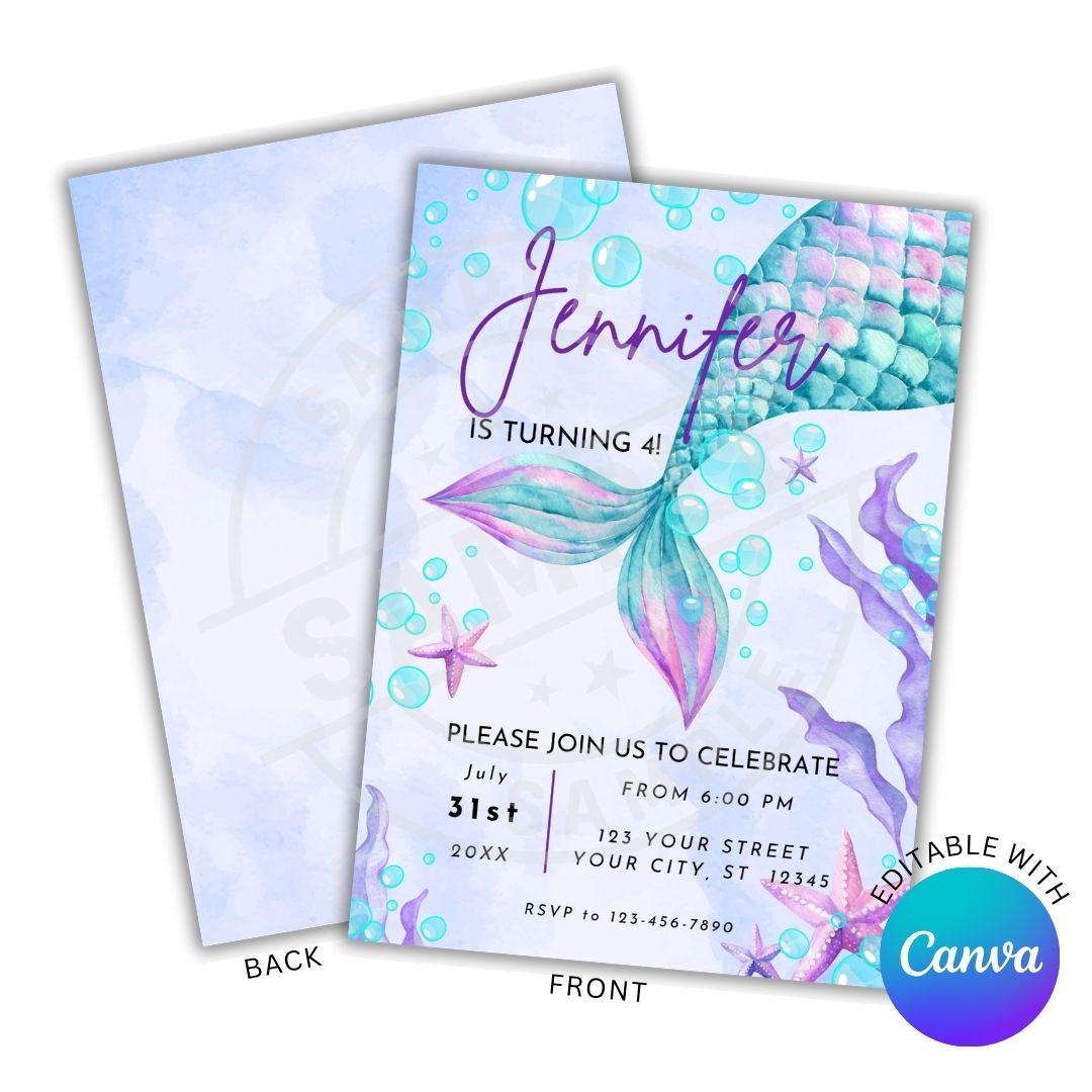 Mermaid-themed birthday invitation card with 'Jennifer' and 'Canva' branding.