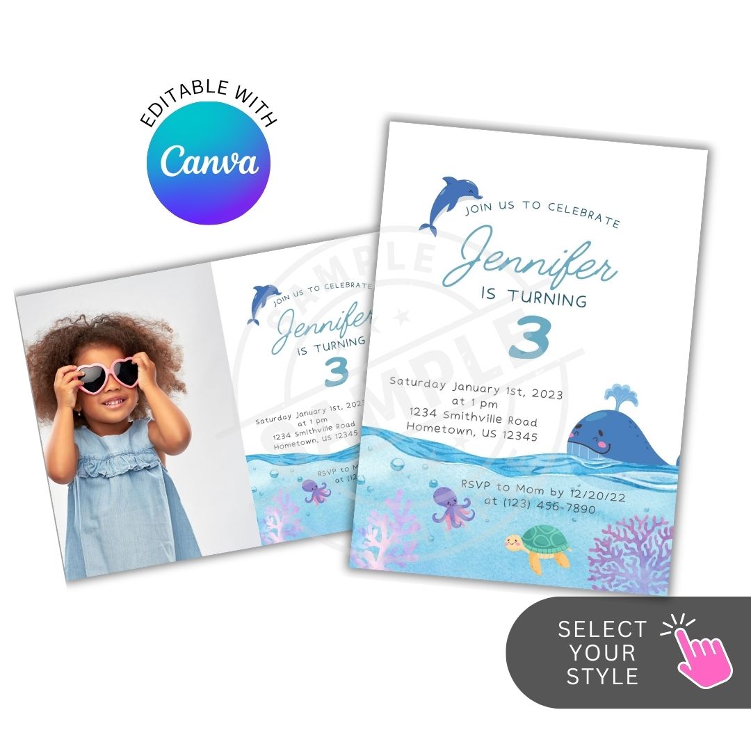 Underwater-themed birthday invitation with Canva logo and child's photo.