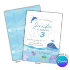 Birthday invitation card with ocean theme featuring a whale, dolphin, and sea turtle on a white background.
