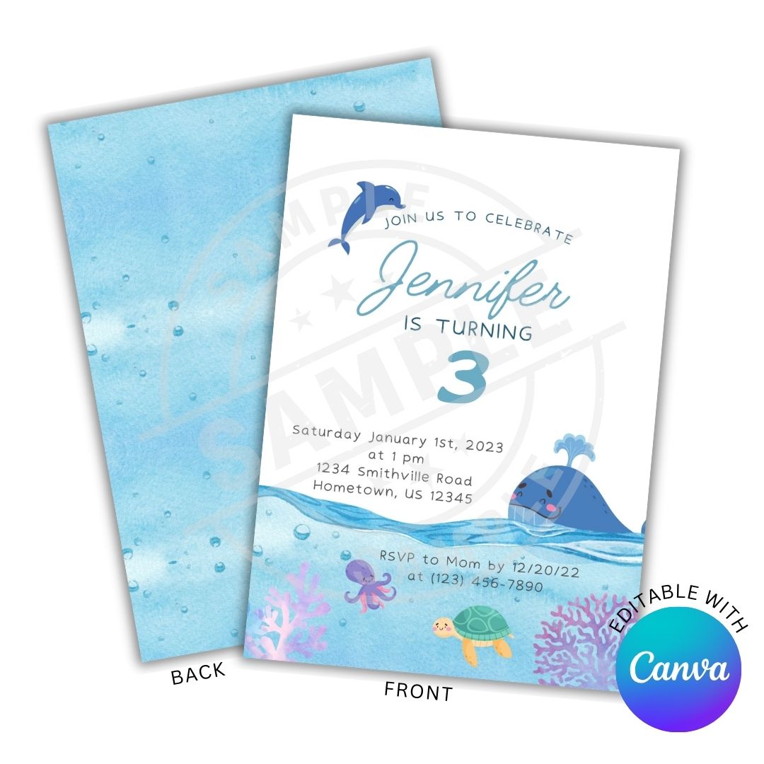 Birthday invitation card with ocean theme featuring a whale, dolphin, and sea turtle on a white background.