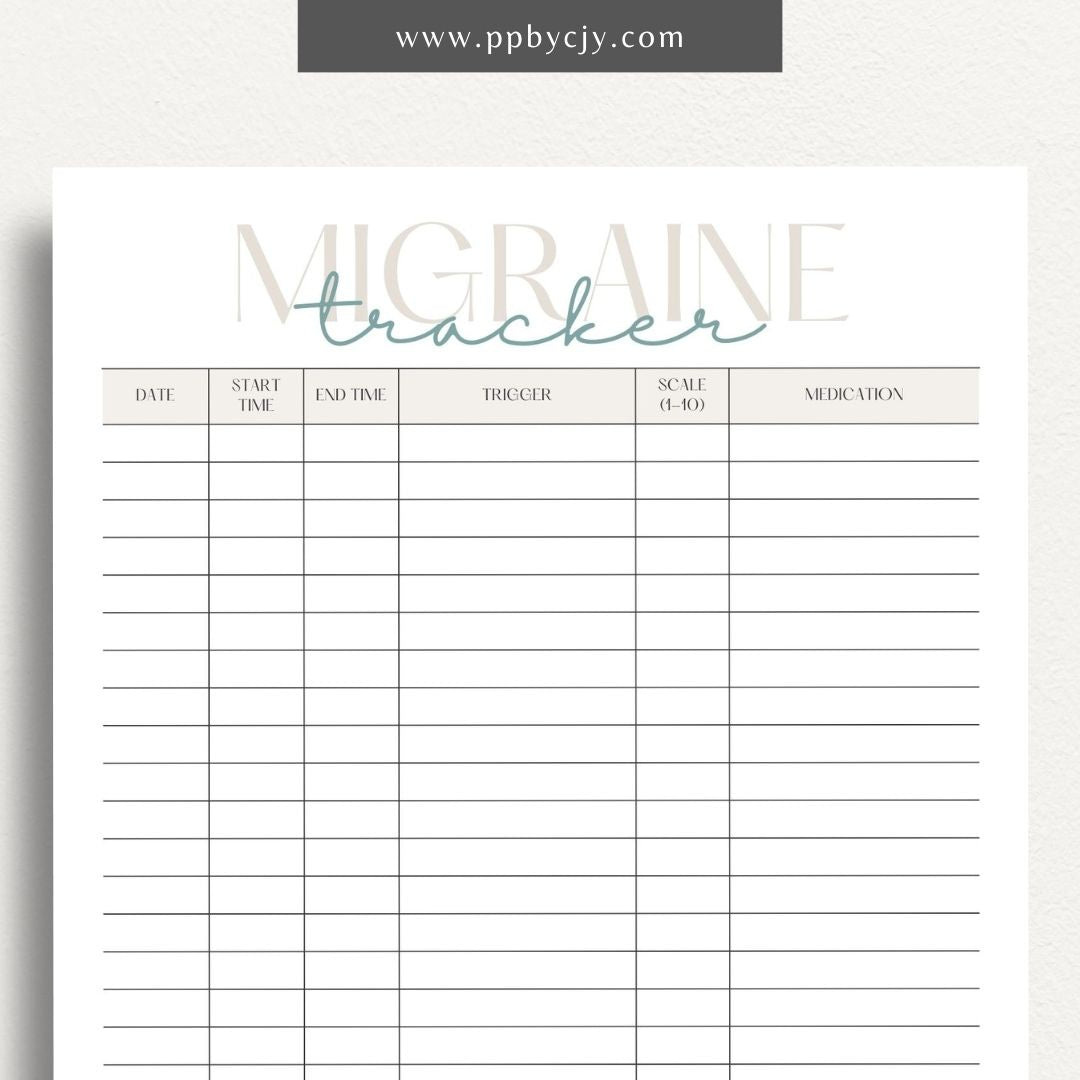 printable template page with columns and rows related to migraine tracking