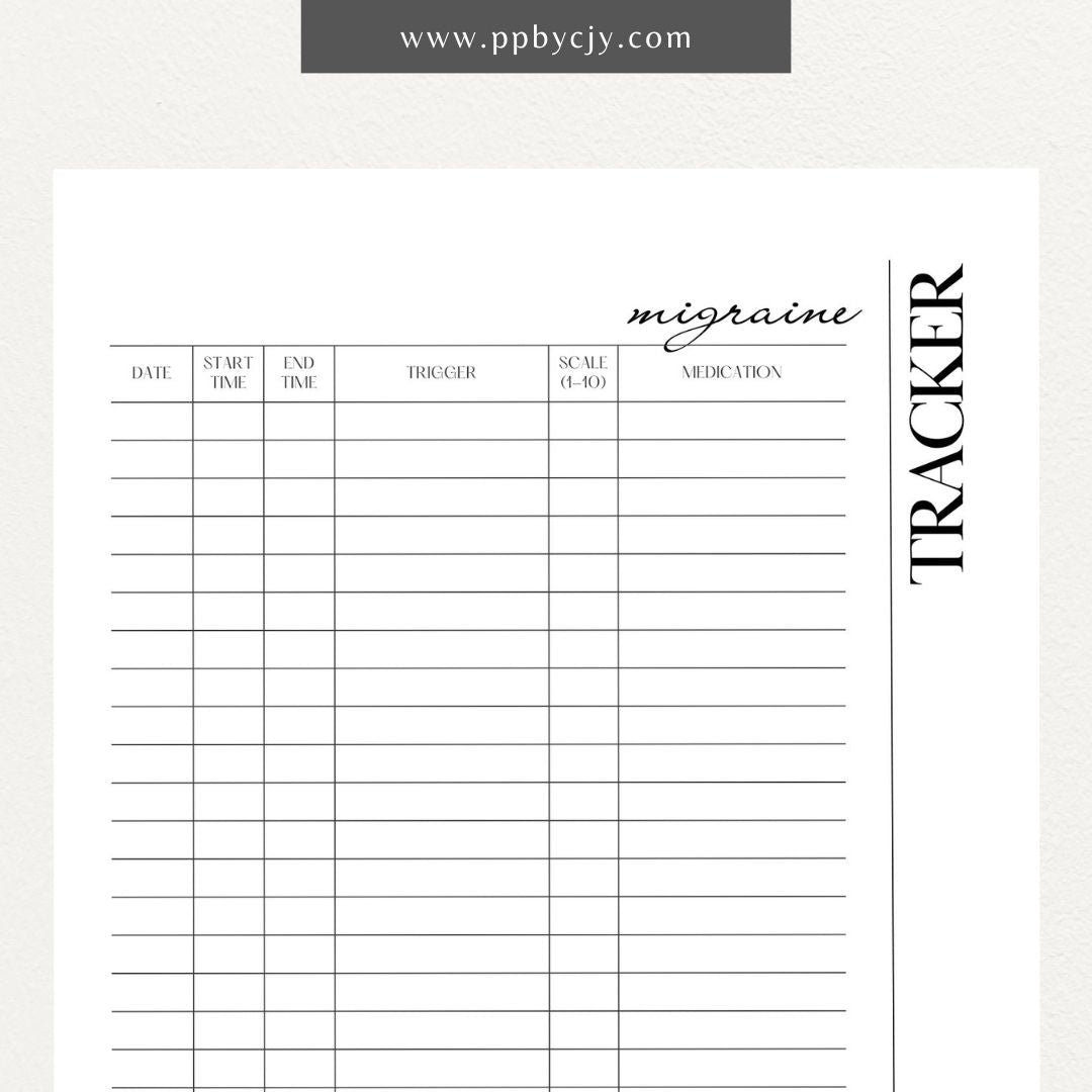 printable template page with columns and rows related to migraine tracking