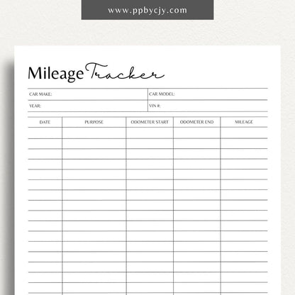 printable template page with columns and rows related to mileage tracking