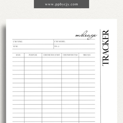 printable template page with columns and rows related to mileage tracking