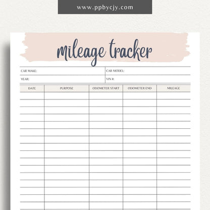 printable template page with columns and rows related to mileage tracking