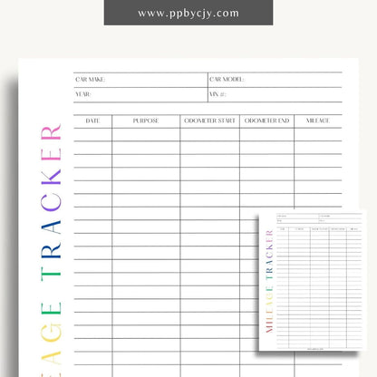 printable template page with columns and rows related to mileage tracking