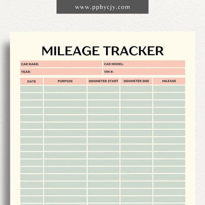 printable template page with columns and rows related to mileage tracking