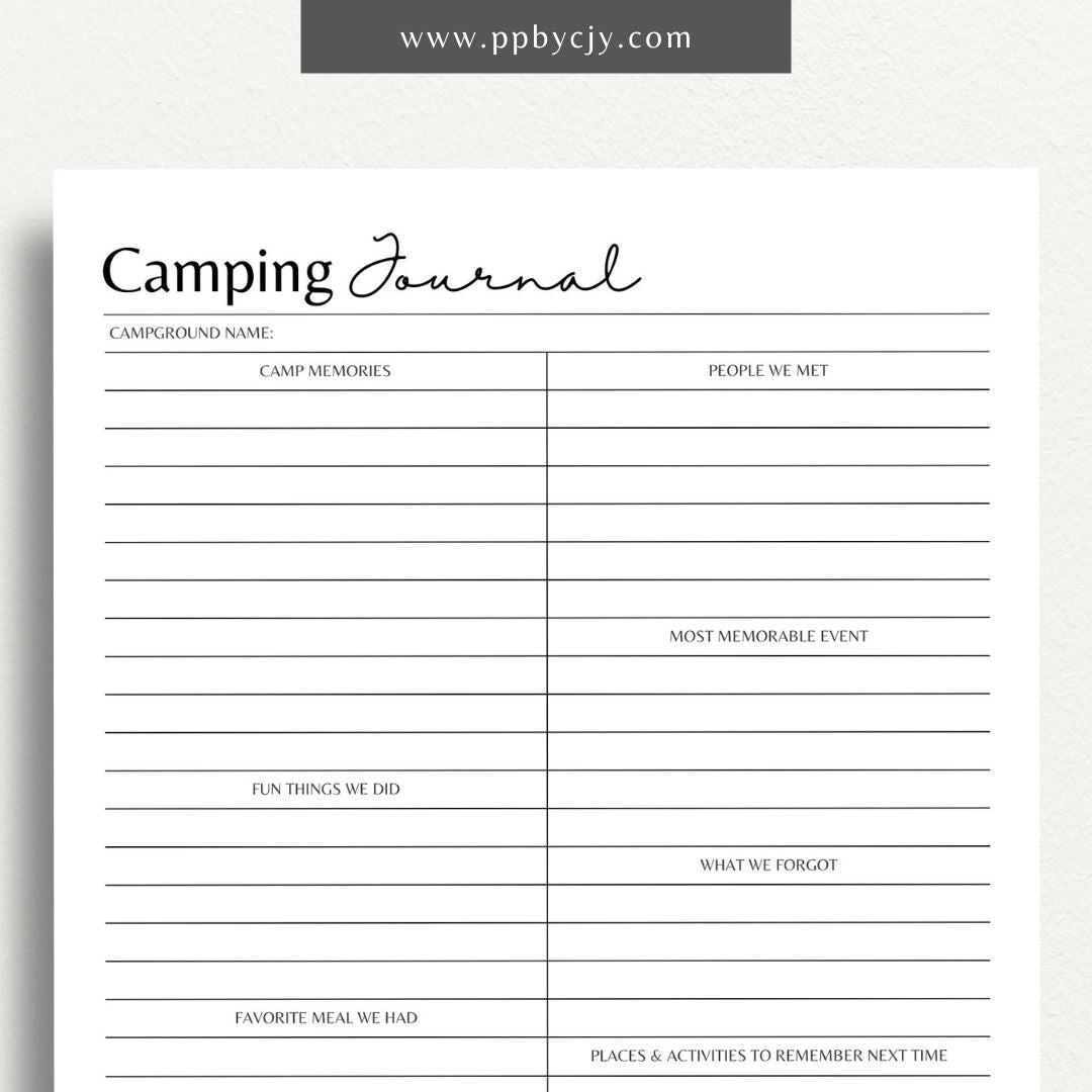 Camping Journal Printable Template – Digital Download for Recording and Reflecting on Camping Experiences and Adventures