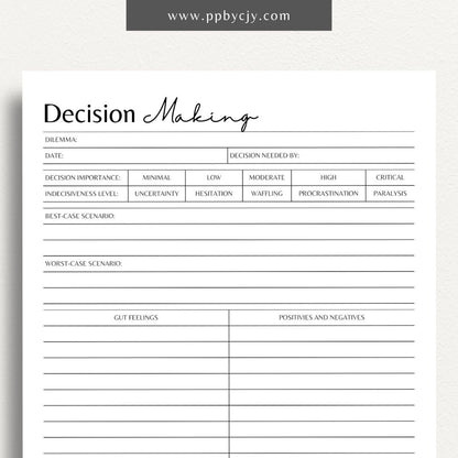 Decision-Making Sheet Printable Template – Digital download for evaluating options, listing pros and cons, and organizing thoughts for confident decision-making.