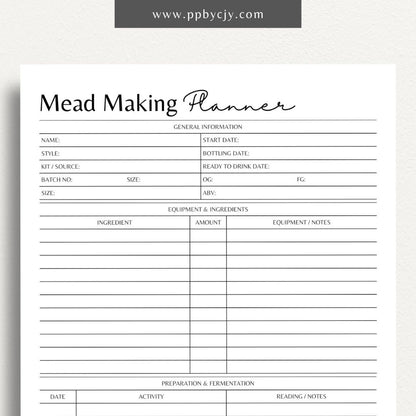 Mead Making Planner Printable Template – Digital download for organizing mead recipes, fermentation tracking, and brewing schedules