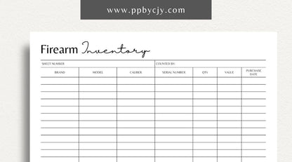 Firearm Inventory Template Printable – Digital download for gun collection tracking