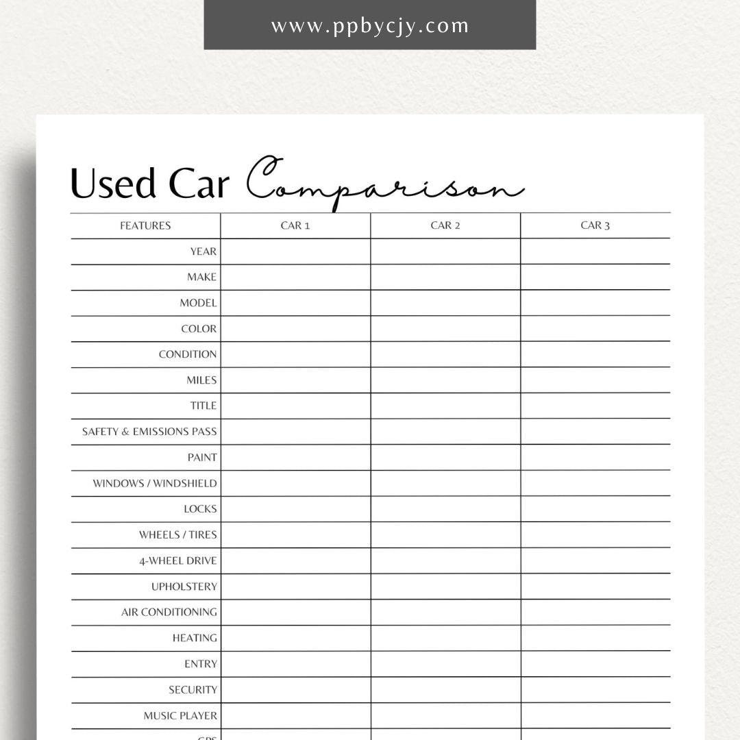 Used Car Comparison Sheet Printable Template – Digital download for comparing vehicle features, price, and condition for car shopping.