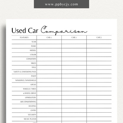 Used Car Comparison Sheet Printable Template – Digital download for comparing vehicle features, price, and condition for car shopping.