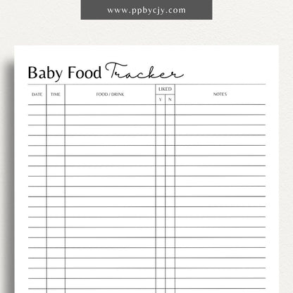 Baby Food Tracker Printable Template – Digital download for tracking infant meals and nutrition