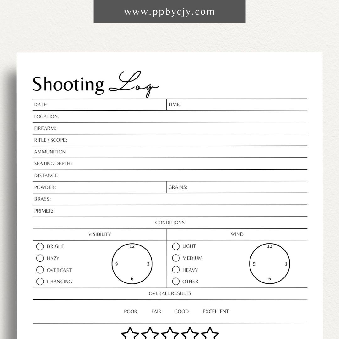 Target Shooting Log Printable Template – Digital download for tracking shooting practice, targets, and performance.