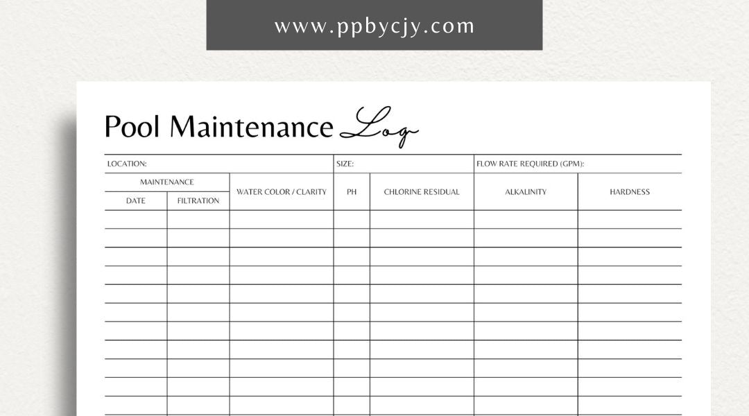 Pool Maintenance Log Template Printable – Digital download for pool care tracking