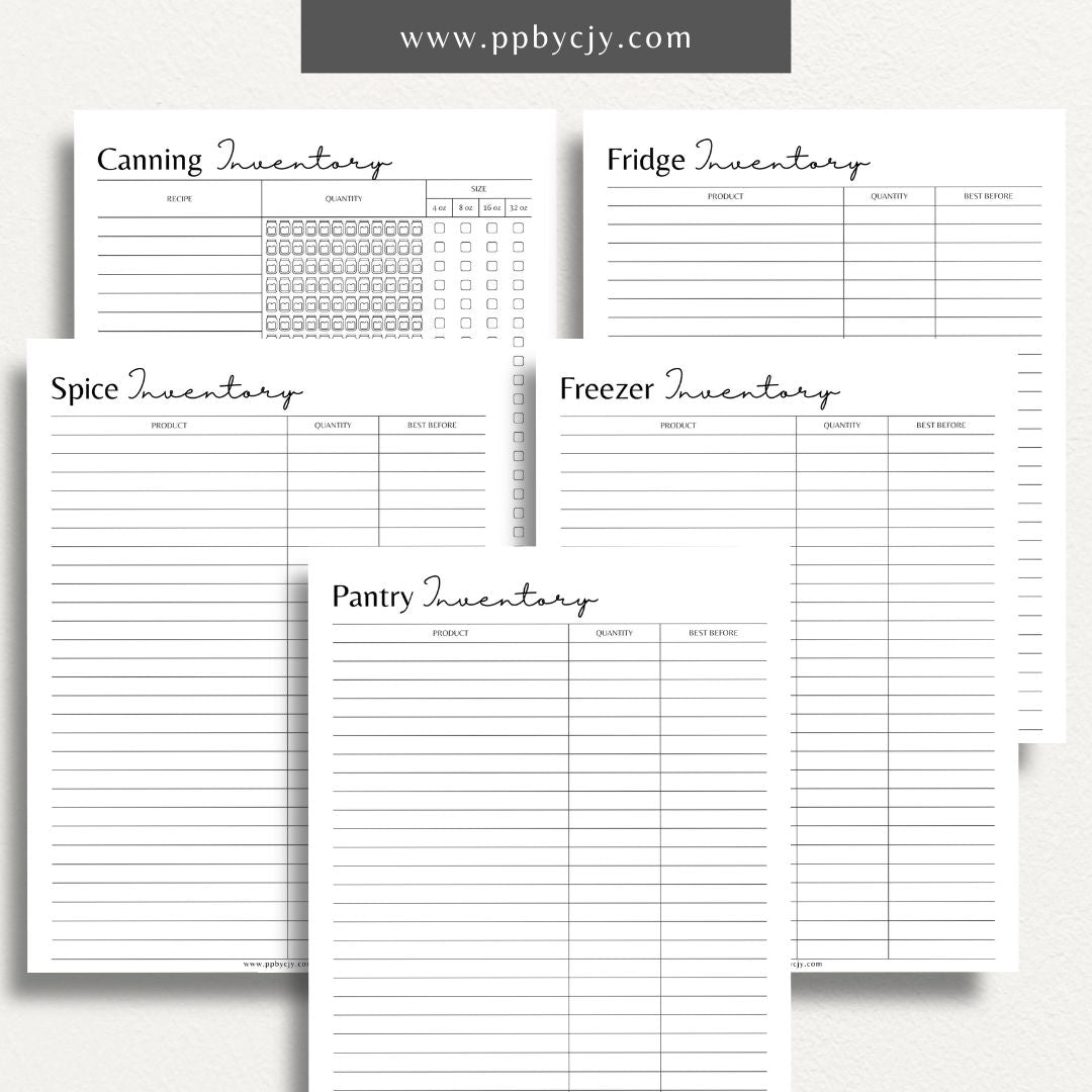 Kitchen Inventory Bundle Printable Template – Digital download featuring a collection of tools for organizing and managing your kitchen inventory, including pantry, refrigerator, and freezer.