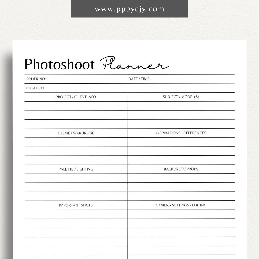 Photoshoot Planner Printable Template – Digital download for organizing and planning photography sessions, shot lists, schedules, and equipment"