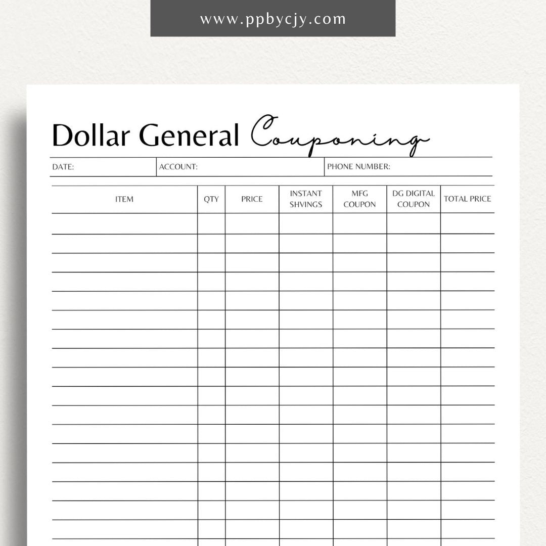 Dollar General Couponing Tracker Printable Template – Digital download for organizing coupons, tracking savings, and planning shopping trips.