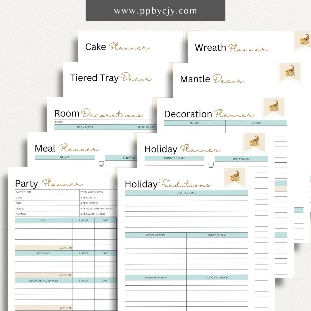 Thanksgiving Holiday Planner Bundle Printable Template – Digital download for a comprehensive set of planners to organize and manage all aspects of Thanksgiving, including meal planning, guest lists, decorations, activities, and schedules