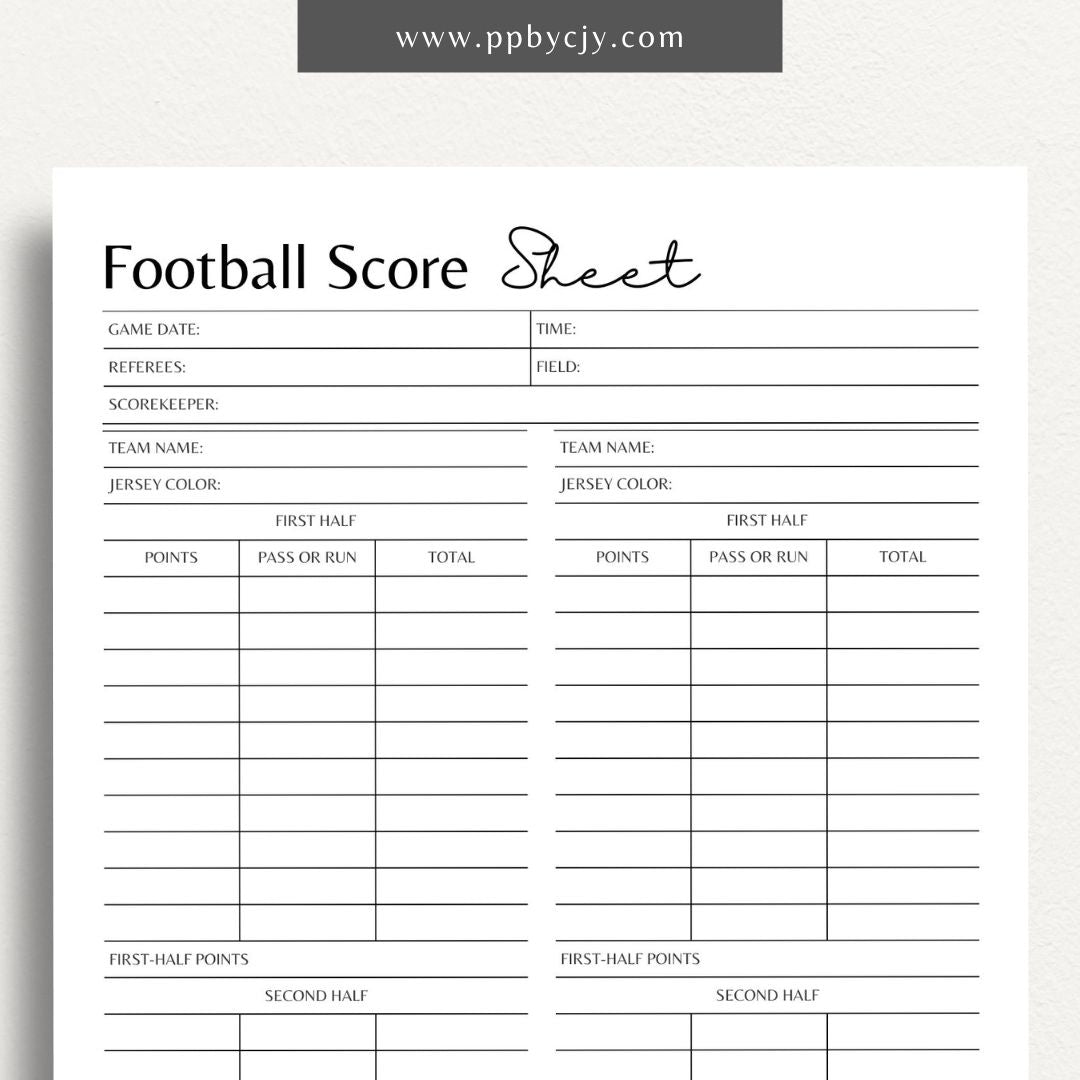 Football Score Sheet Printable Template – Digital download for recording and tracking football game scores and statistics.