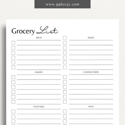 Food Grocery List Printable Template – Digital download for organizing and planning your grocery shopping.