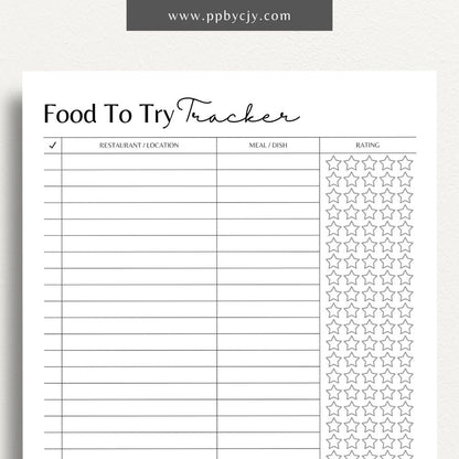 Food To Try Tracker Printable Template