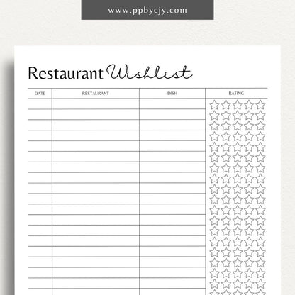 Restaurant Wishlist Printable Template – Digital download for planning dining adventures, tracking restaurants, and recording reviews.