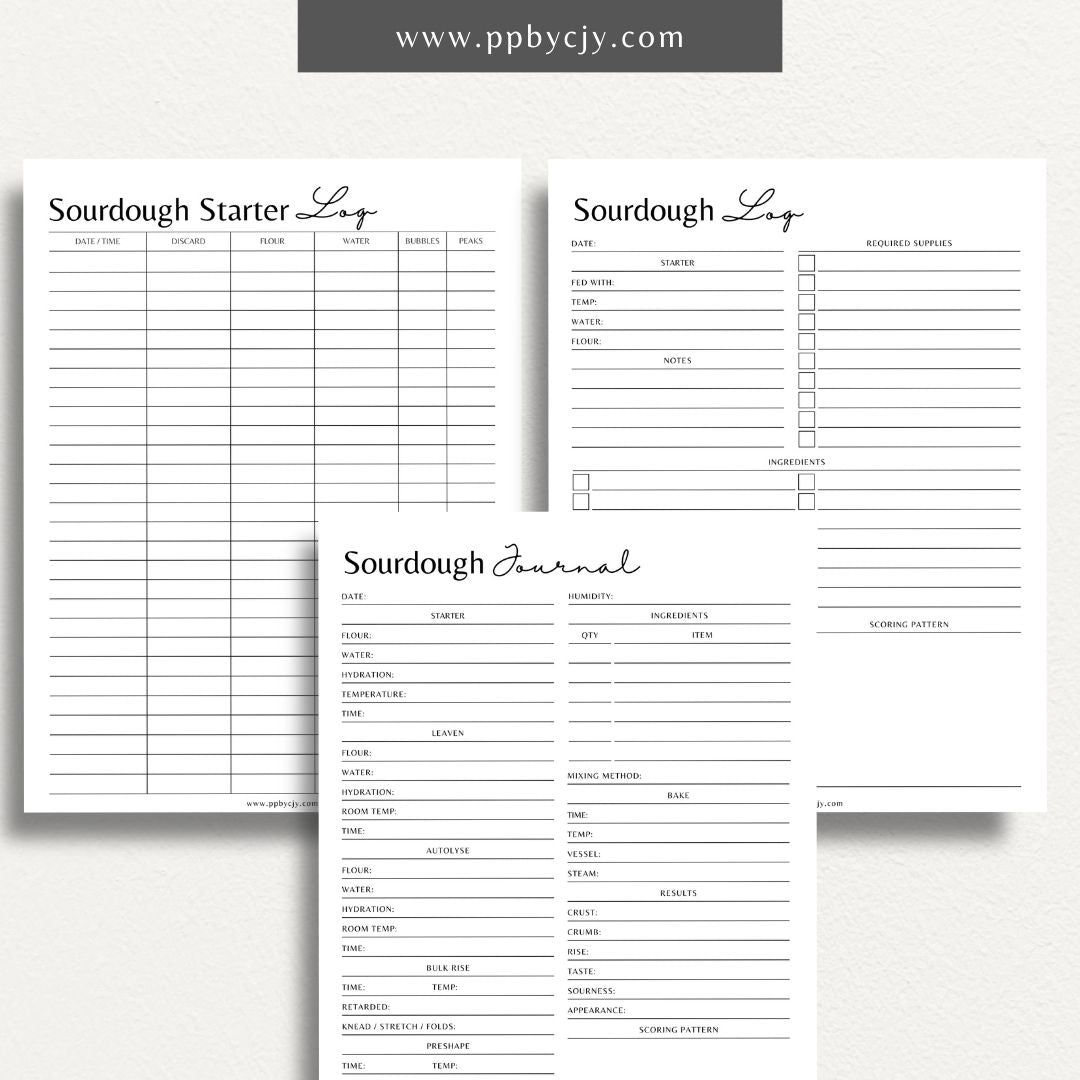 Sourdough Logbook Printable Template – Digital download for tracking and documenting sourdough baking processes, including starter maintenance, fermentation, and baking results