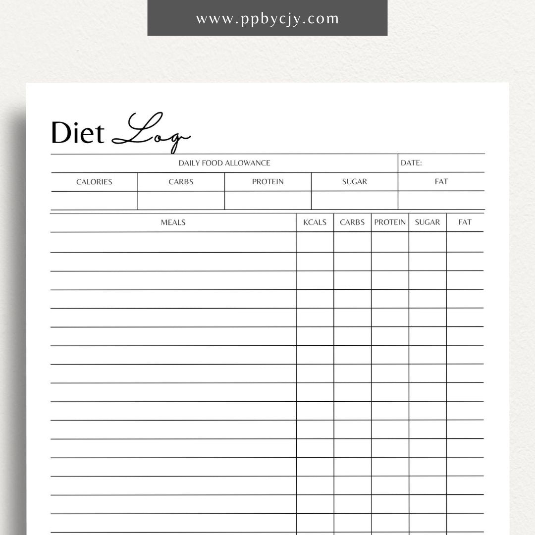 Diet Log Printable Template – Digital download for tracking daily food intake, meal planning, and nutrition.