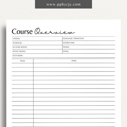 Course Overview Notes Printable Template – Digital download for organizing and summarizing course content for students.