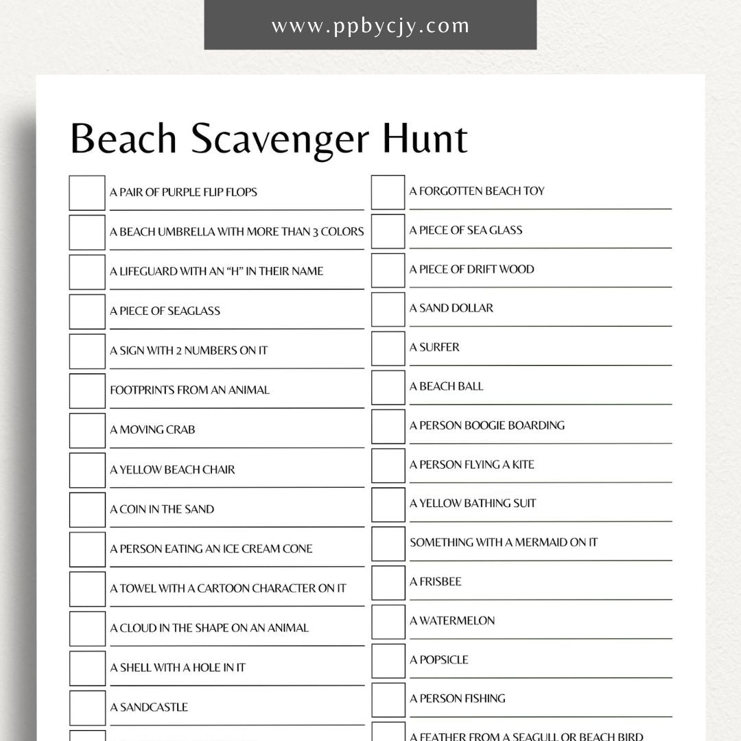 Beach Scavenger Hunt Printable Template – Digital Download for Fun Beach Activities and Exploration