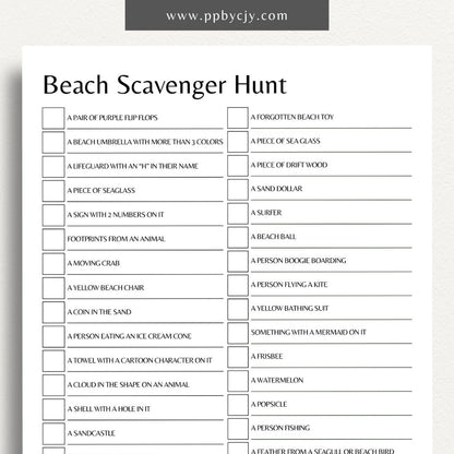 Beach Scavenger Hunt Printable Template – Digital Download for Fun Beach Activities and Exploration