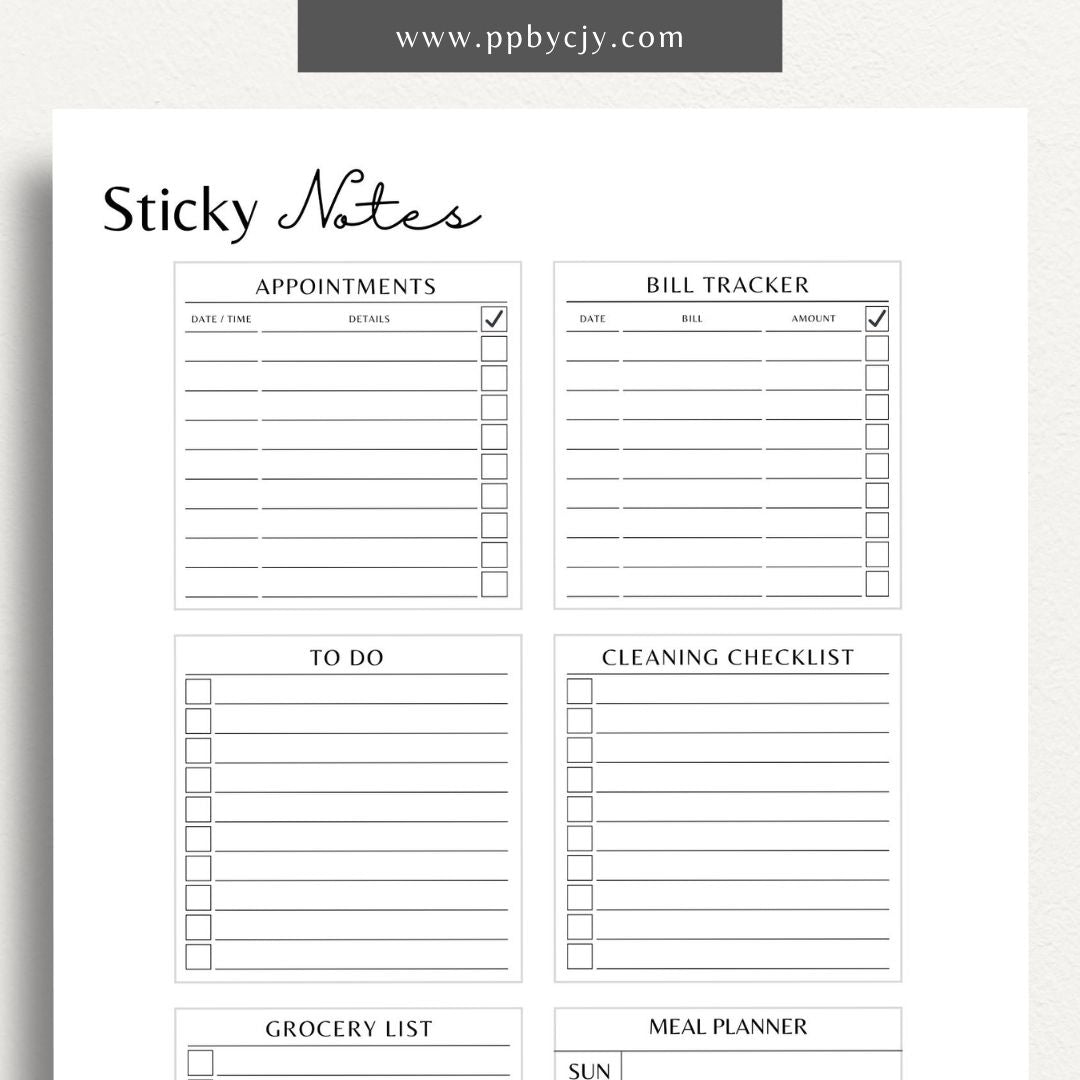 Sticky Notes Printable Template – Digital download for creating and organizing custom sticky notes for reminders, notes, and to-do lists