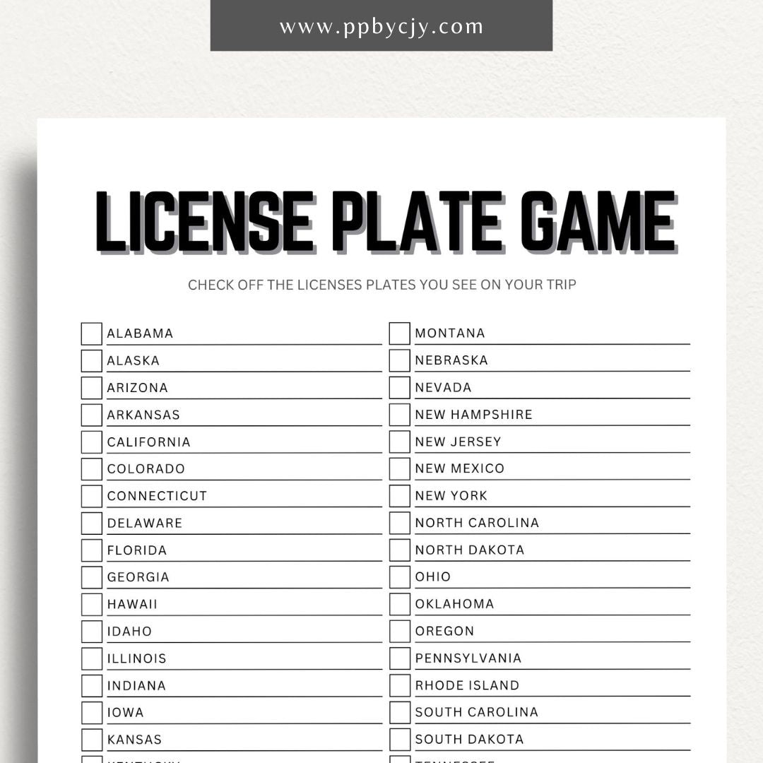 License Plate Game Printable Template – Digital download for tracking and recording license plates seen during travel or road trips.