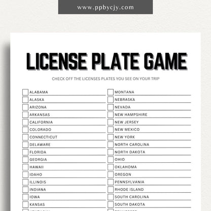 License Plate Game Printable Template – Digital download for tracking and recording license plates seen during travel or road trips.