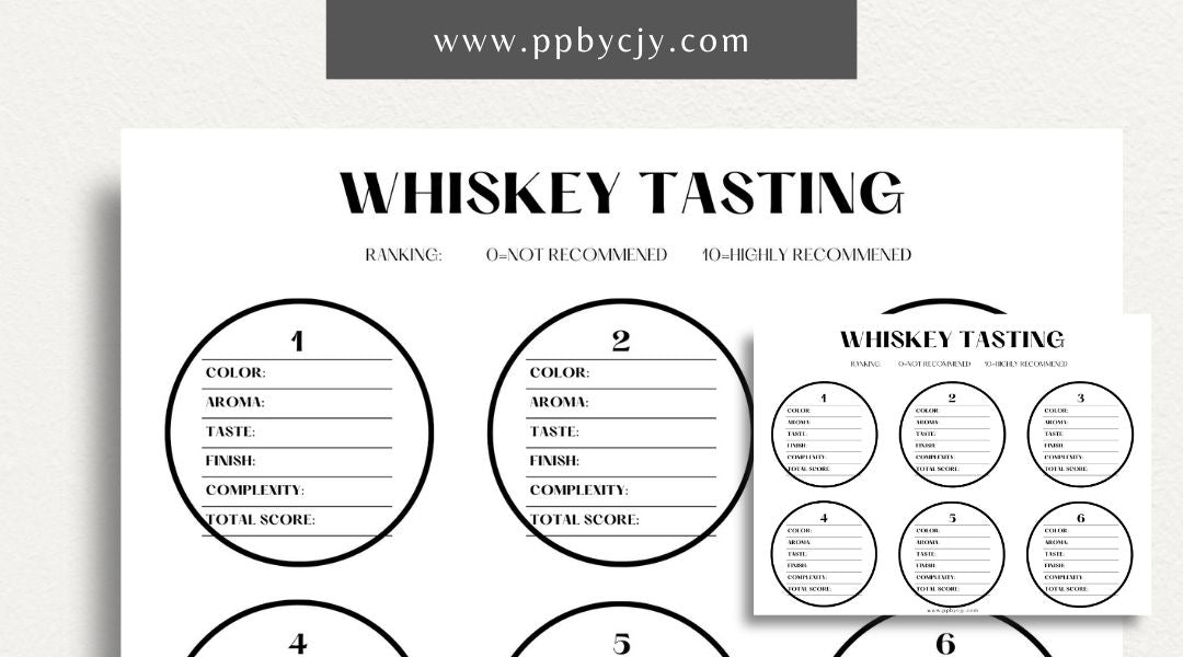 Whiskey Tasting Scorecard Printable Template with detailed sections for recording whiskey names, origins, ages, and ratings on aroma, taste, finish, and overall impression.